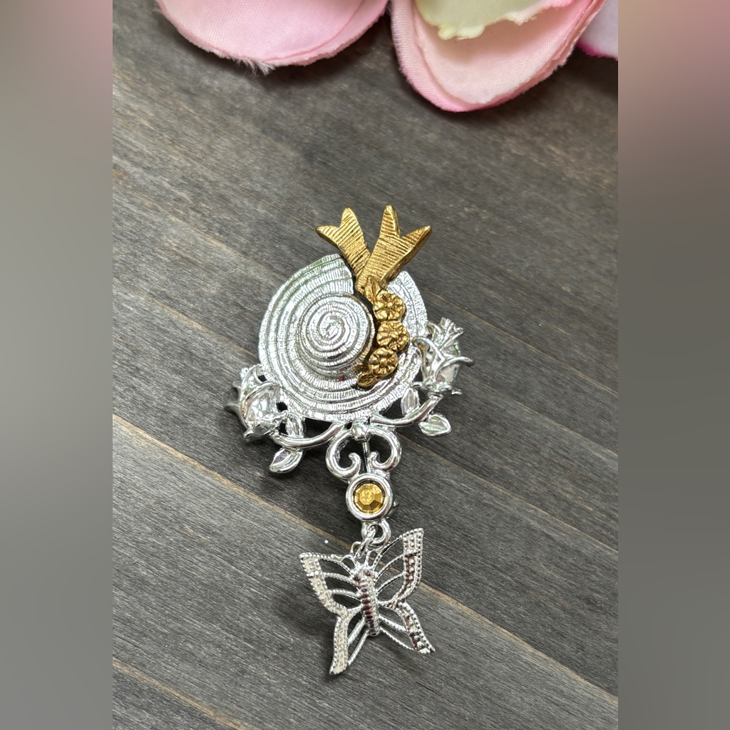 Vintage Silver Hat Brooch With Dangling Butterfly Charm, Signed